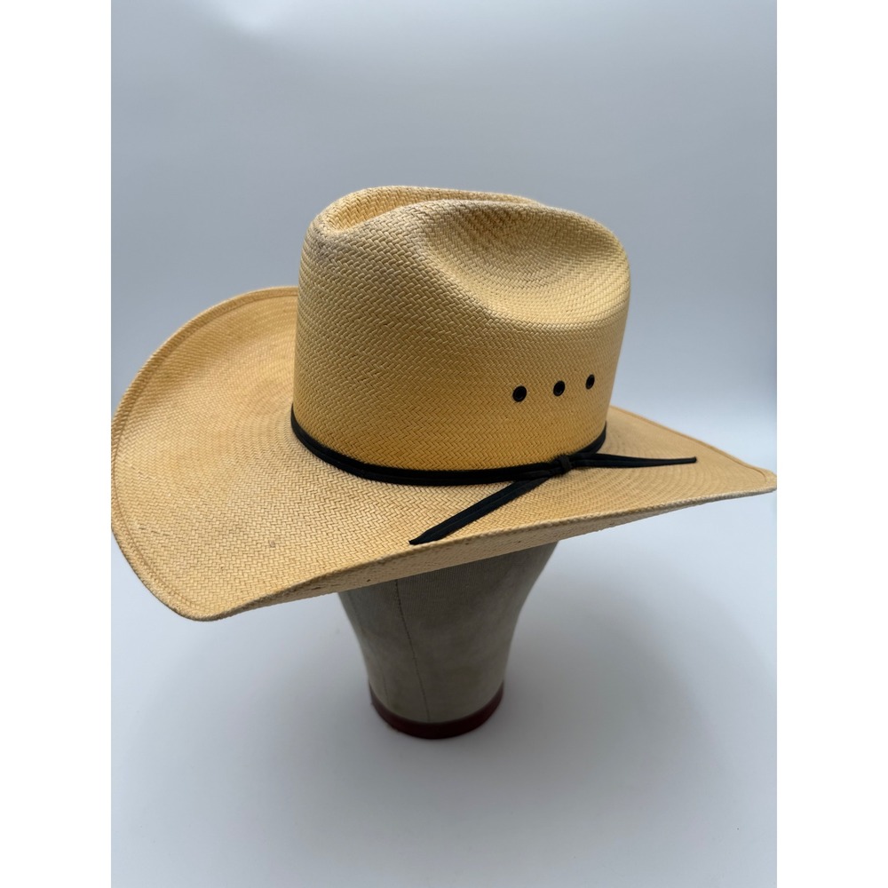 Larry Mahan Cowboy Hat Mens Size 7 Beige Excellent Woven Straw Western Cattleman